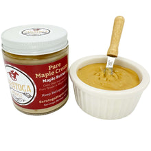 Load image into Gallery viewer, Jar of Saratoga Maple Cream with a bowl of the cream spread and knife on a white background