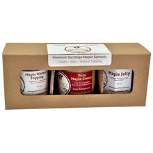 Load image into Gallery viewer, All the best maple spreads in a gift set from Saratoga Maple featuring Wet Walnut Topping with Maple and Cream Maple Butter, and Maple Jelly in a beautiful gift box that will delight.