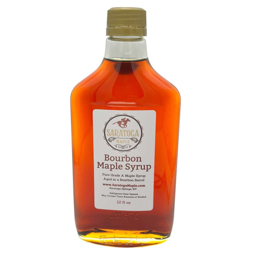 Bourbon Barrel Aged Pure Maple Syrup from Saratoga Maple in 375mL Glass Flask.