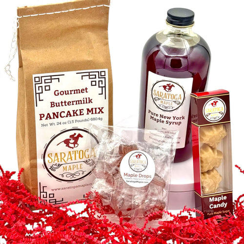 A Maple Gift Basket to Send to loved ones that includes NY Maple Syrup, Gourmet Pancake Mix, Maple Sugar Candies, and maple hard candies.