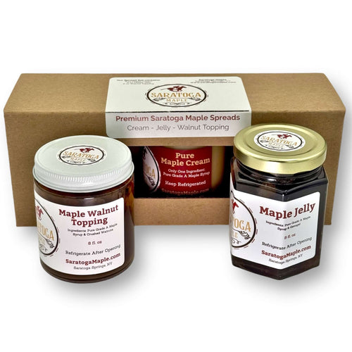 Maple Spread Gift Set packaged in a box that includes Maple Jelly, Maple Walnut Topping and Maple Butter Cream.