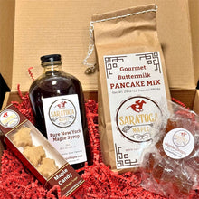 Load image into Gallery viewer, New York State Maple Syrup Gift set with Saratoga Maple syrup, buttermilk pancake mix, maple sugar candy, and hard maple candy in a box.
